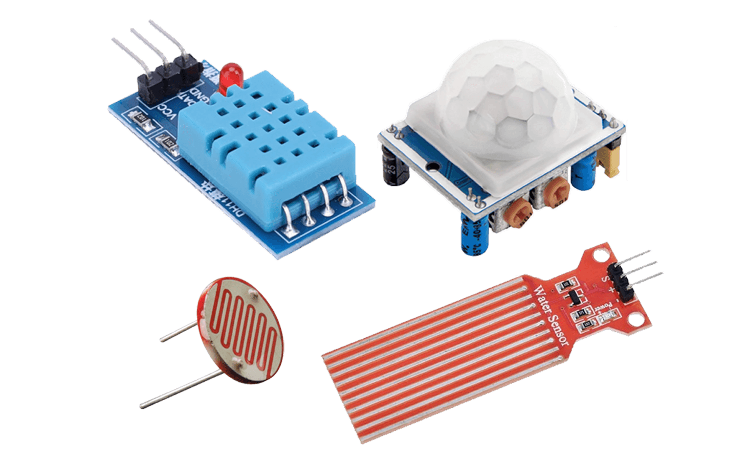 Image of a humidity sensor, an infrared sensor, a photoresist (light sensor), and a waterlevel sensor.